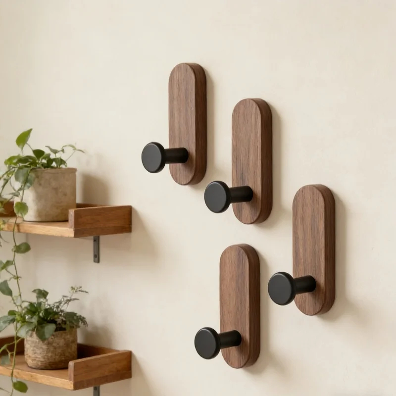 Robe Hook Adhesive - ตะขอแขวนผนังไม้วอลนัทแบบติดผนังด้วยตัวเอง สำหรับแขวนเสื้อโค้ท ผ้าเช็ดตัว เสื้อผ้า ผ้าห่ม หมวก