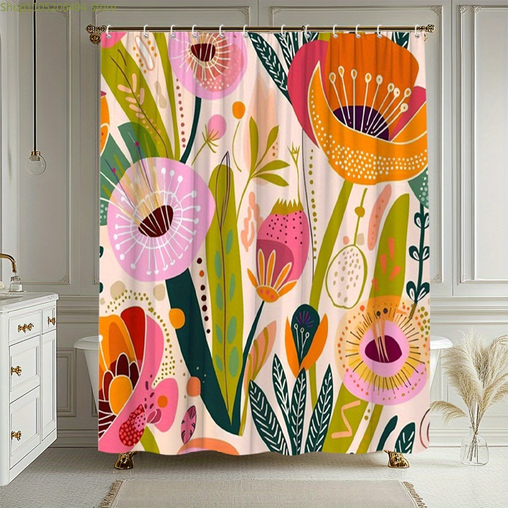Home Bathroom Decor Ideas - ม่านอาบน้ำลายดอกไม้สีสันสดใส ดีไซน์พฤกษศาสตร์แบบนามธรรม ผ้าคลุมอาบน้ำกันน้ำสำหรับตกแต่งบ้าน ไอเดียห้องน้ำแสนอบอุ่น