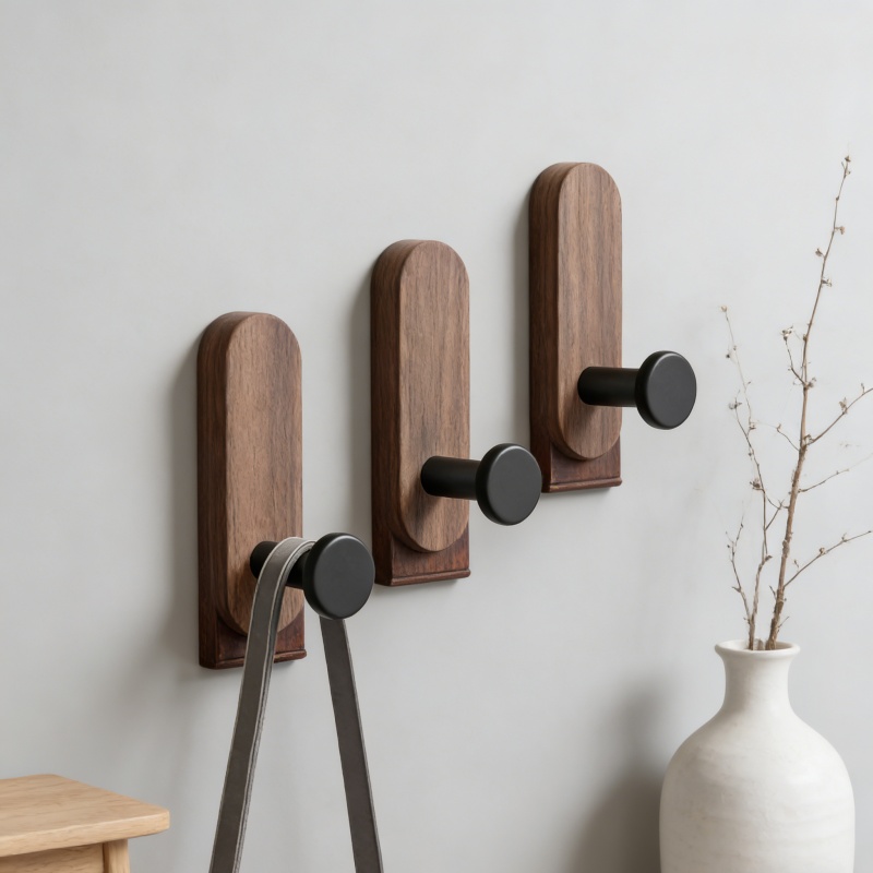 Robe Hook Adhesive - ตะขอแขวนผนังไม้วอลนัทแบบติดผนังเองได้ ไม่ต้องเจาะ สำหรับแขวนเสื้อโค้ท ผ้าเช็ดตัว หมวก เป้สะพายหลัง