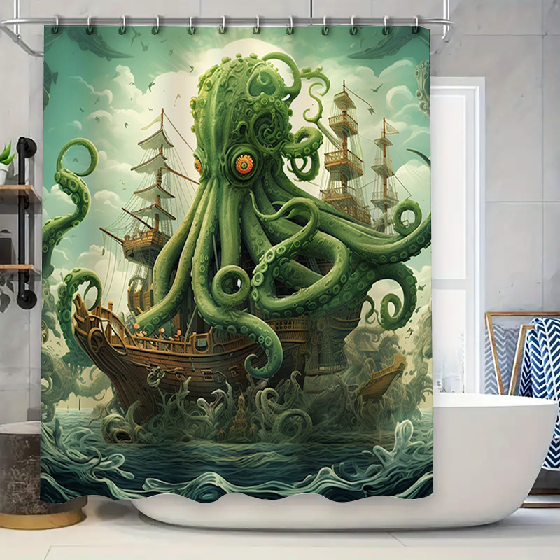 Home Bathroom Decor Ideas - Octopus เรือผ้าม่านอาบน้ํา Surreal Marine Decor สีเขียวสีฟ้ากันน้ําชุดอุปกรณ์ห้องน้ําที่ไม่ซ้ํากันไอเดียของขวัญ