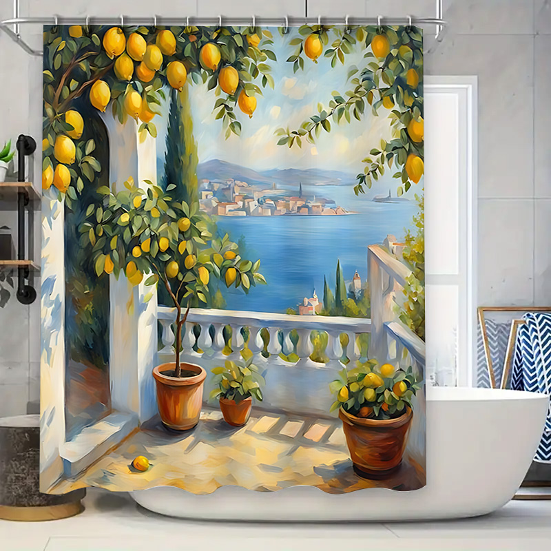 Home Bathroom Decor Ideas - ม่านอาบน้ำลายสวนมะนาวเมดิเตอร์เรเนียน ดีไซน์วิววิลล่าริมชายฝั่ง ผ้าปูพื้นห้องน้ำกันน้ำสำหรับตกแต่งบ้าน ไอเดียห้องน้ำแสนอบอุ่น