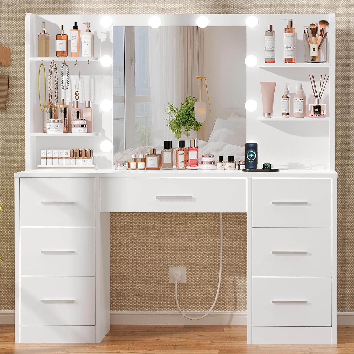 Home Outlet Bathroom Vanity - โต๊ะเครื่องแป้งขนาดใหญ่พร้อมกระจกไฟ LED ปลั๊กไฟ 7 ลิ้นชัก 4