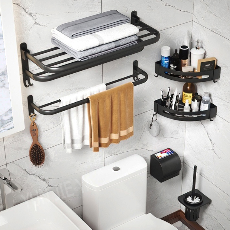 Home Hardware Bathroom Accessories - ราวแขวนผ้าเช็ดตัวแบบไม่ต้องเจาะผนัง พร้อมตะขอ ที่แขวนผ้าเช็ดตัวติดผนัง ที่ใส่กระดาษทิชชู่ ที่วางแปรงสีฟัน สำหรับอุปกรณ์ตกแต่งบ้าน