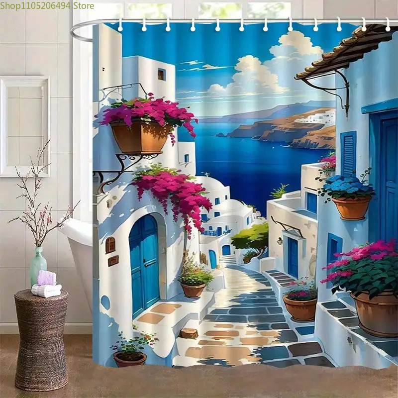Home Bathroom Decor Ideas - ผ้าม่านอาบน้ำลายเกาะซานโตรินี สีฟ้าขาว ดีไซน์วิวทะเล หมู่บ้าน ตกแต่งบ้าน ผ้าคลุมอาบน้ำกันน้ำ